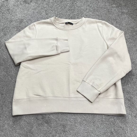 Zara Sof Fleece Pullover Sweatshirt Womens Large Beige Crew Neck Cotton Casual - Picture 1 of 14